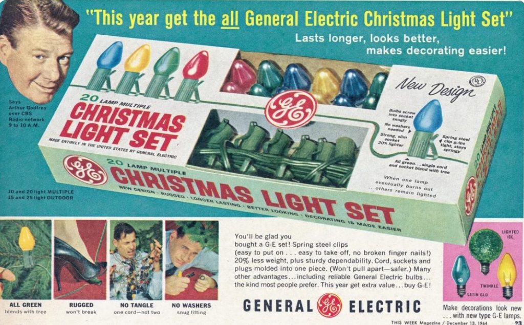 1960s vintage Christmas ad for General Electric Christmas Lights from 1964. 