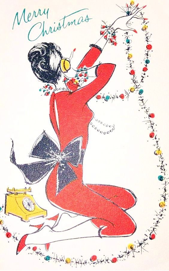 1960s vintage christmas card featuring an illustration of a young woman in 1960s fashion hanging garland while on the phone. 