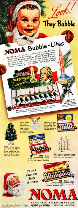 1940s vintage ad for Noma Bubble-Lites  from 1947 featuring an illustration of a child dressed up like santa and all the bubble lites you can buy for your Christmas Tree