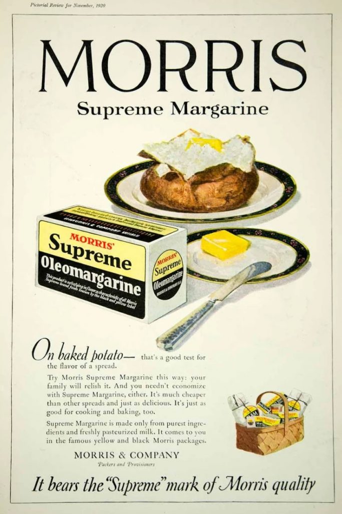 1920s vintage advertisement for MORRIS SUPREME MARGARINE featuring a stick of margarine and a baked potato.