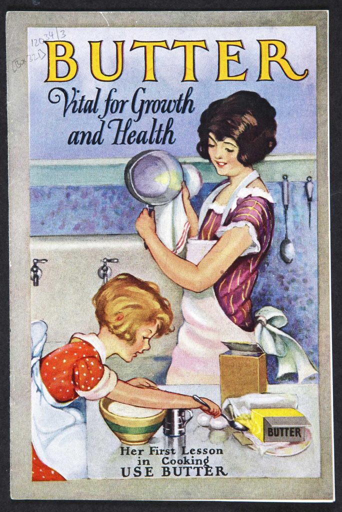 1920s vintage leaflet promoting the use of Butter for cooking featuring an illustration of a 1920s mother with her child baking