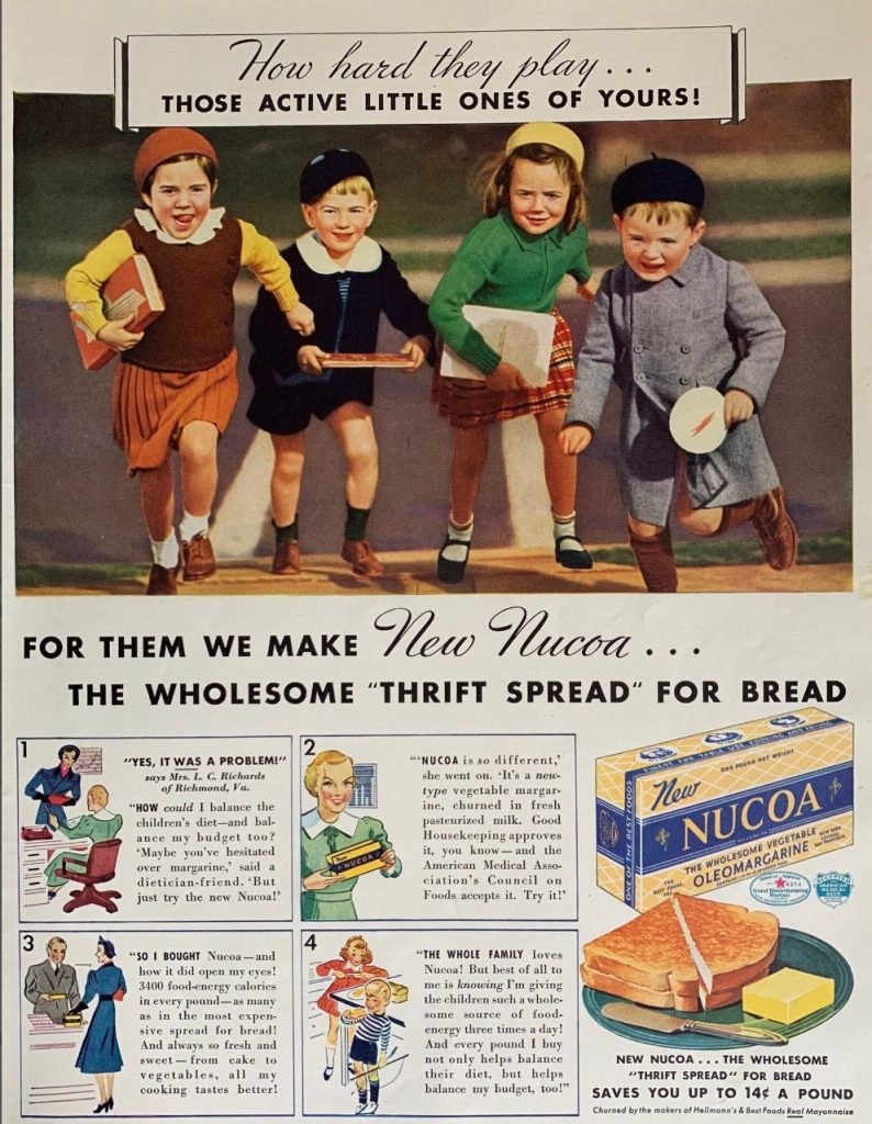 1930s Vintage Advertisement for Nucoa Margarine featuring an image of 1930s kids running from school with the illustration talking about affordable spread for the kids bread.