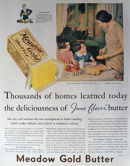 1930s vintage ad: 1931 Meadow Gold Butter Ad featuring an illustration of a 1930s mother feeding her kids. 