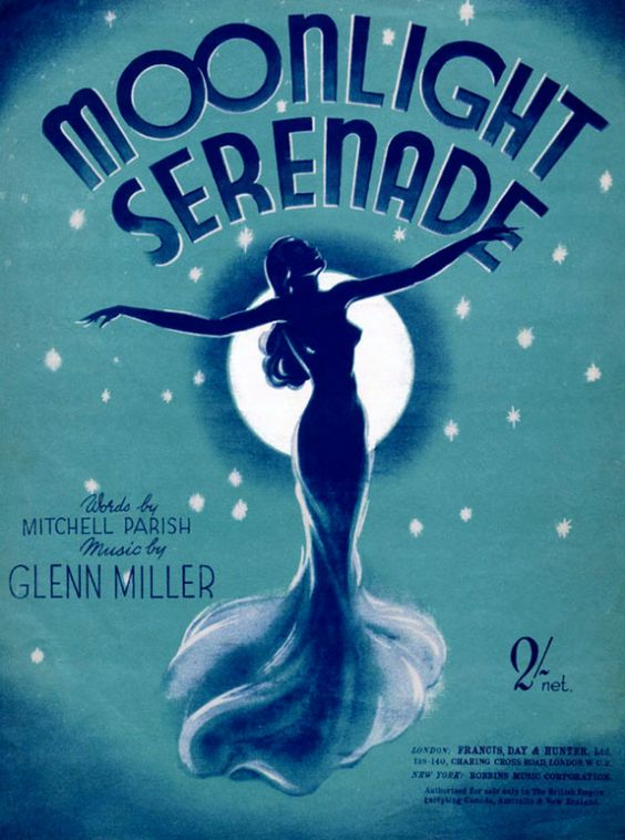 1930s vintage sheet music for Moonlight Serenade by Glenn Miller in 1939 featuring an illustration of a woman in blue. 