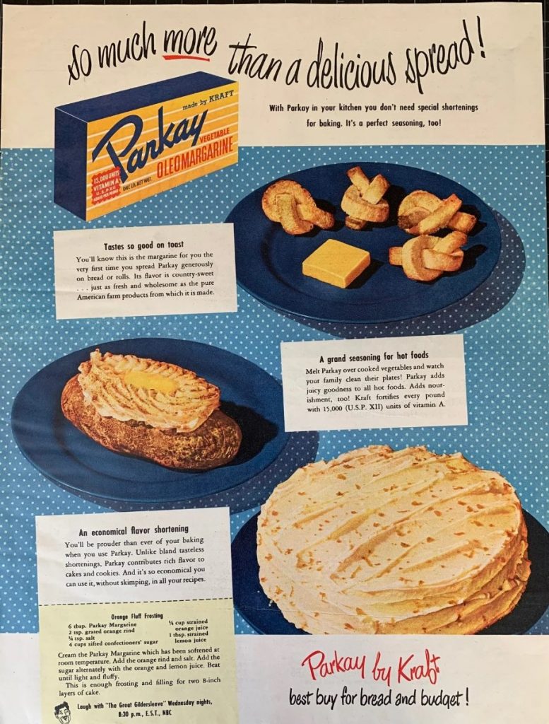 1940s vintage ad: 1949 Parkay margarine print ad featuring a vintage recipe for 'Orange Fluff Frosting' perfect for the topping of that perfect cake. 