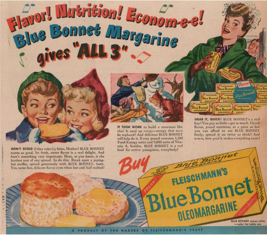 1950's Fleischmann's Blue Bonnet Oleo Margarine "Winter Snowman" Newspaper Ad