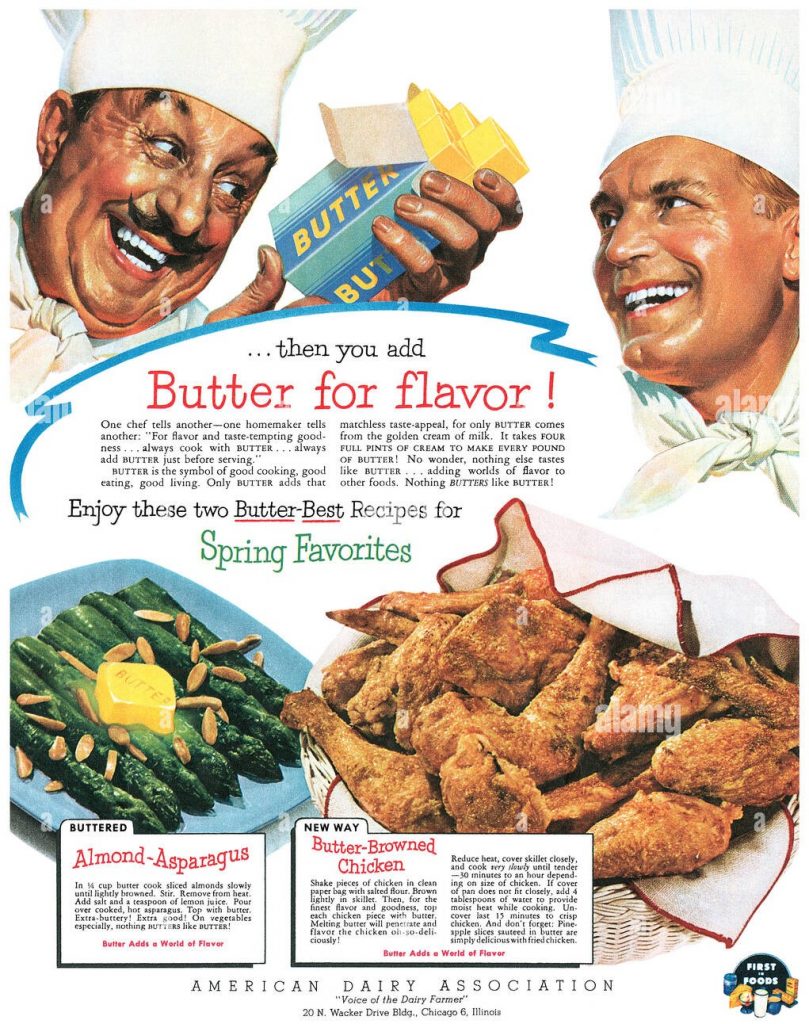 950s butter advertisement from the American Dairy Association featuring recipes for 'Almond-Asparagus' & 'Butter-Browned Chicken'. Vintage recipe.