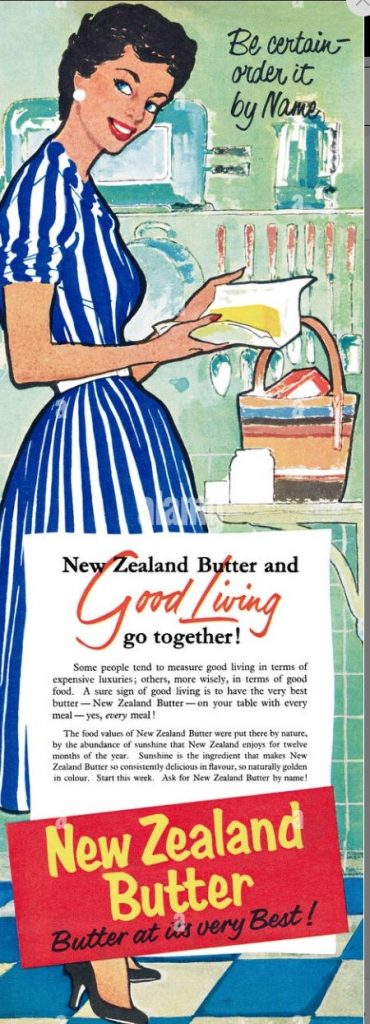 1957 British ad for 'New Zealand Butter' featuring an illustration of a 1950s housewife with a stick of butter. 