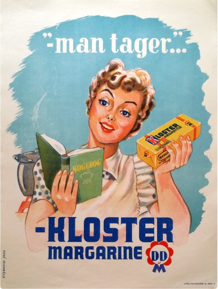 1950s Danish Butter Margarine vintage Advertisement - Kloster Margarine featuring an illustration of a 1950s housewife. 