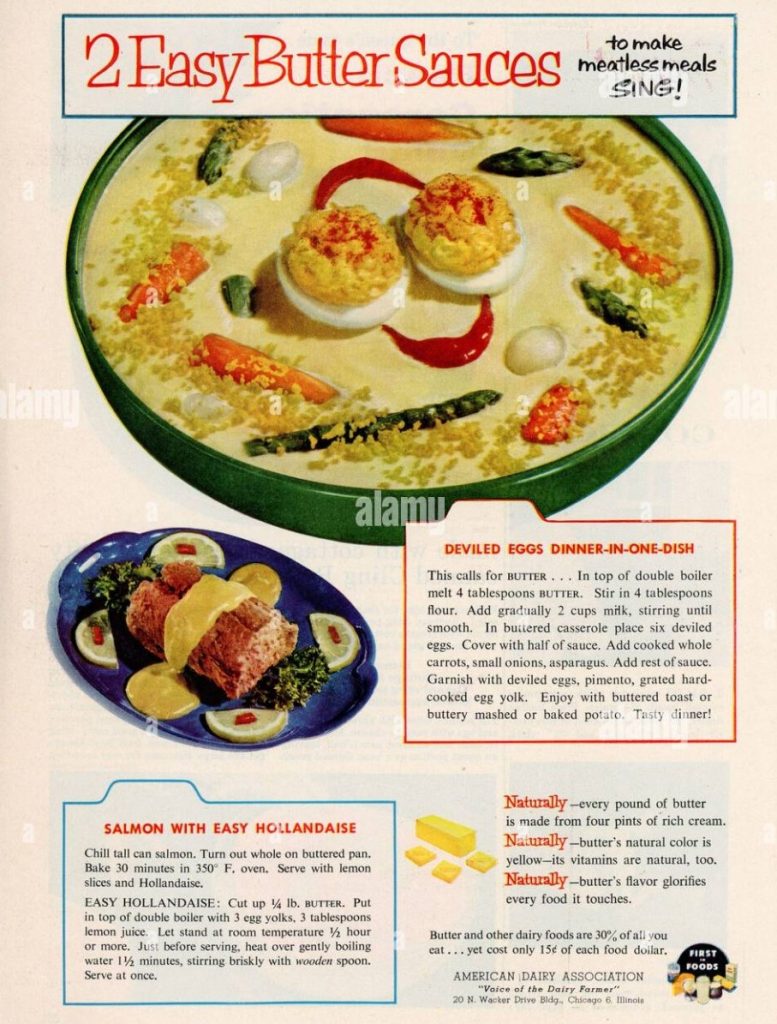 1950s vintage ad: 1953 American Dairy Association featuring "2 Easy Butter Sauces to make meatless meals sing!". Vintage recipes for 'Deviled Eggs Dinner-In-One-Dish' & 'Salmon with Easy Hollandaise". 