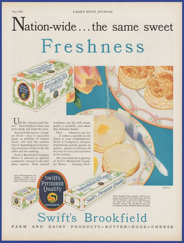 May 1930 vintage ad for 'Brookfield Butter' & 'Brookfield Eggs' from 'Swift's Premium Quality featuring buttery biscuits.