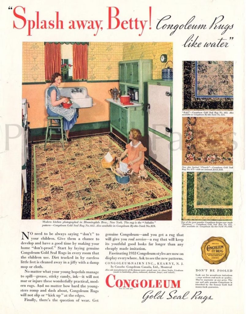 1930s vintage ad: 1933 Congoleum Gold Seal Rugs Vintage Flooring Advertisement. 