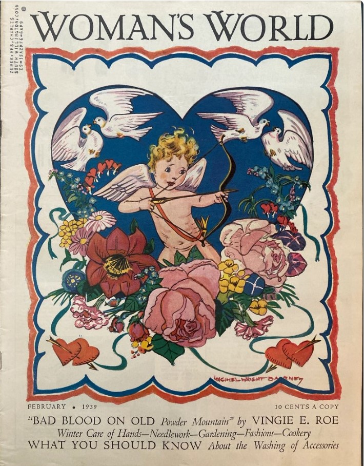 1930s Vintage Magazine: 1939 issue of Woman’s World has a colorful Valentines Day cover with Cupid, flowers, hearts and doves