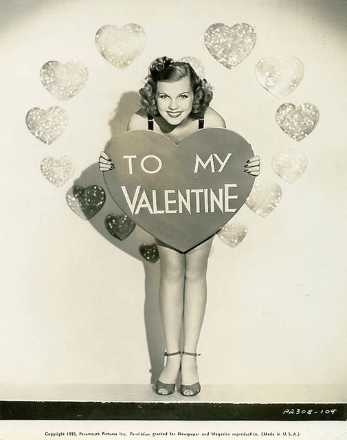 1930s vintage photo of Joyce Mathews in 1939 as vintage valentines day pinup