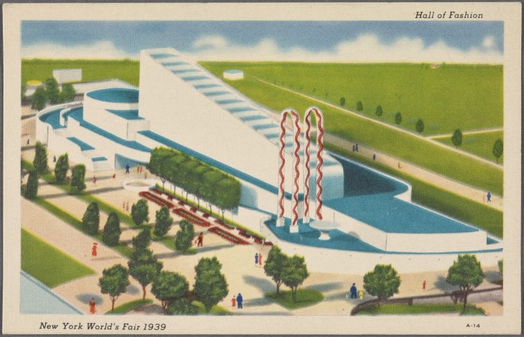 1939 New York Worlds Fair featuring the Hall of Fashion. A 1930s vintage postcard illustration