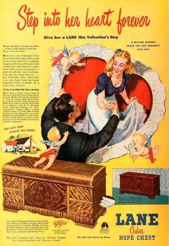 1940s vintage ad for a Lane hope chest for Valentines Day featuring a man helping a woman in 1940s dress and 1940s hairstyle threw a heart with cupids all around. 