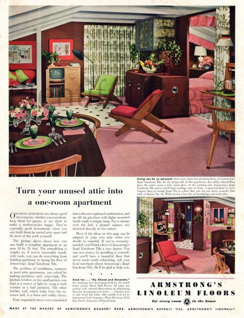 1940s vintage ad for 'Armstrong's Linoleum Flooring' featuring cool flooring ideas for when you turn that "unused attic into a one-room apartment". 