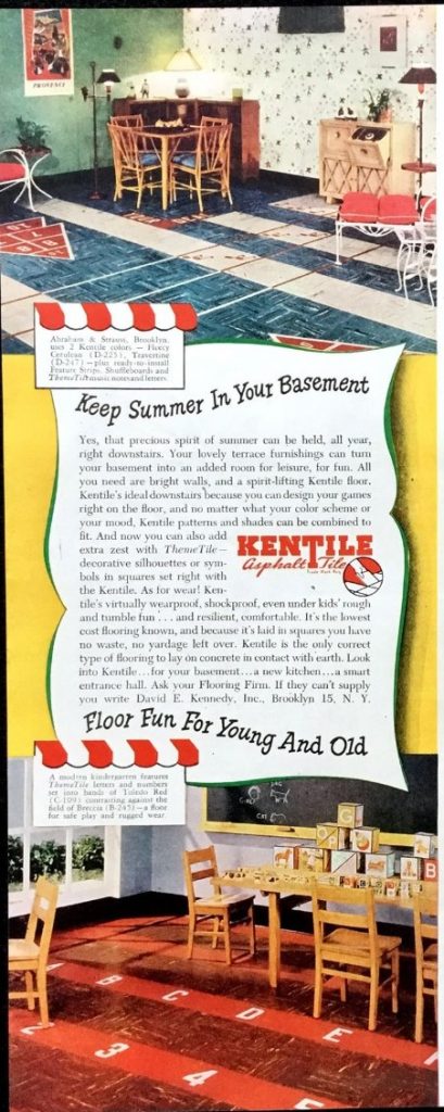 1940s vintage floor ad: 1947 Kentile Asphalt Tile Vintage Ad featuring flooring ideas for your basement or even a school classroom. 