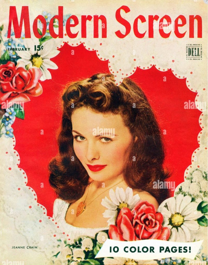 1940s vintage magazine cover for Valentines Day featuring Jeanne Crain, Modern Screen magazine cover, February 1944