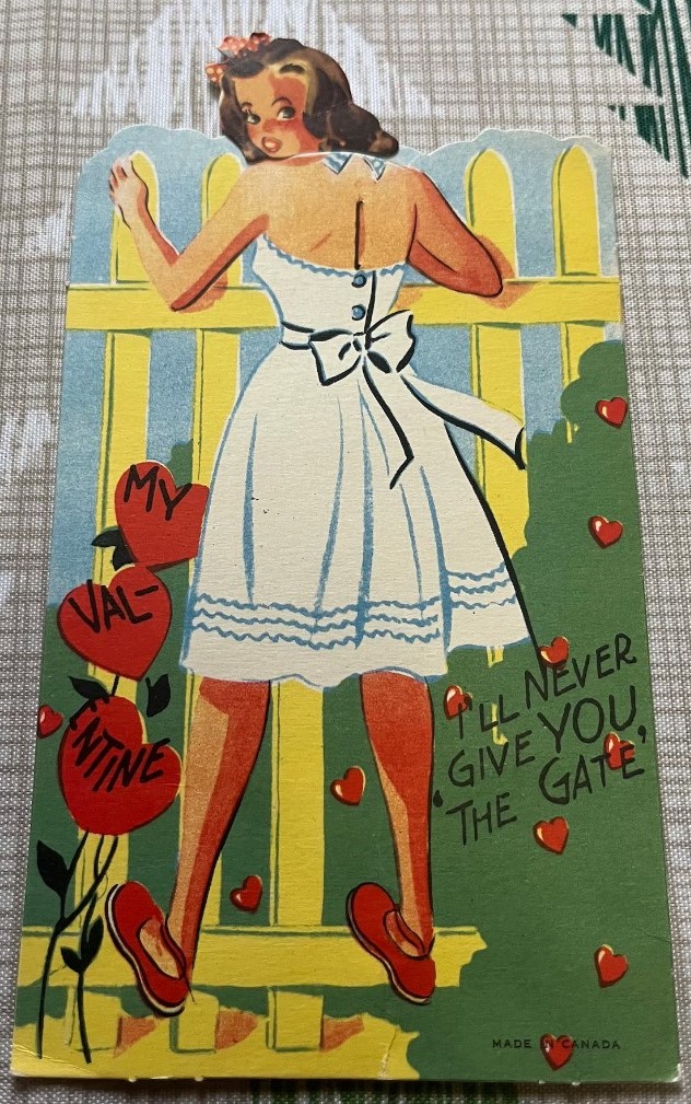 1940s vintage valentines day card featuring an illustration of a girl in a 1940s dress at a gate