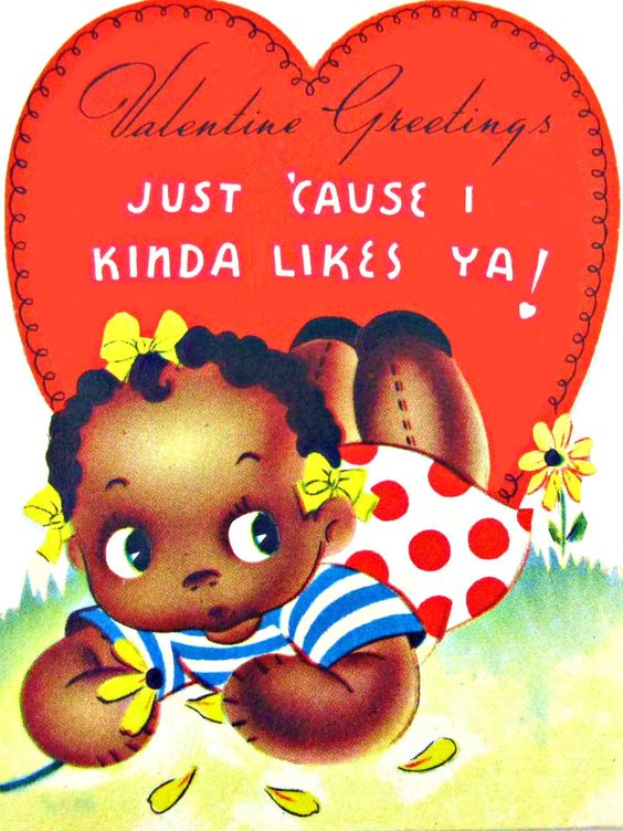 1950s 1960s vintage Valentine's Day Card featuring an adorable little Black girl illustration playing on the grass. 