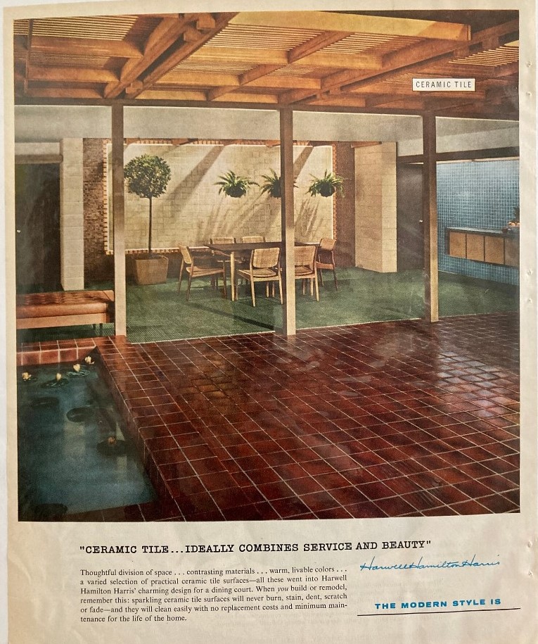 Vintage ceramic flooring 1950s ad featuring the stunning modernist design of Harwell Hamilton Harris.