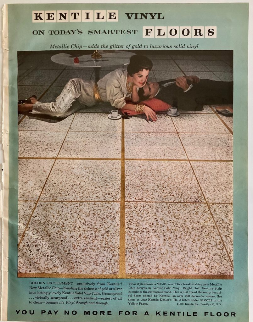 1950s Vintage Advertisement: 'Kentile Vinyl' floor ad from Better Homes and Gardens magazine, Spring 1959 featuring a fashionable 1950s couple 