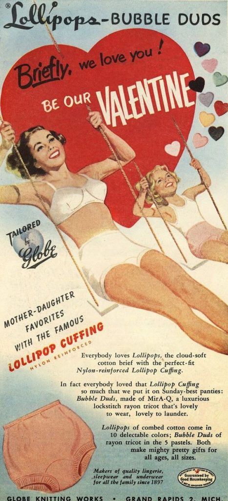 1950s vintage ad for womens and girls underware, cotton briefs with a Valentines Day theme. 