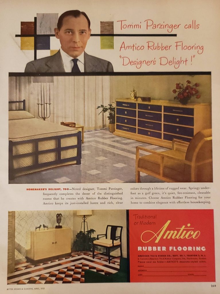 1951 AMTICO RUBBER FLOORING Vintage ad featuring images of early 1950s bedroom and hallway flooring. 