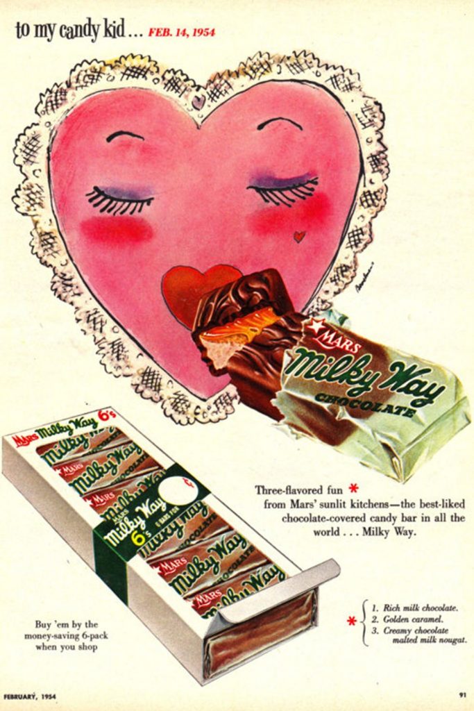 1950s vintage ad for Milky Way Chocolate bars on Valentine's Day. 1954 advertisement..."to my candy kid, Milky Way Chocolate bars".