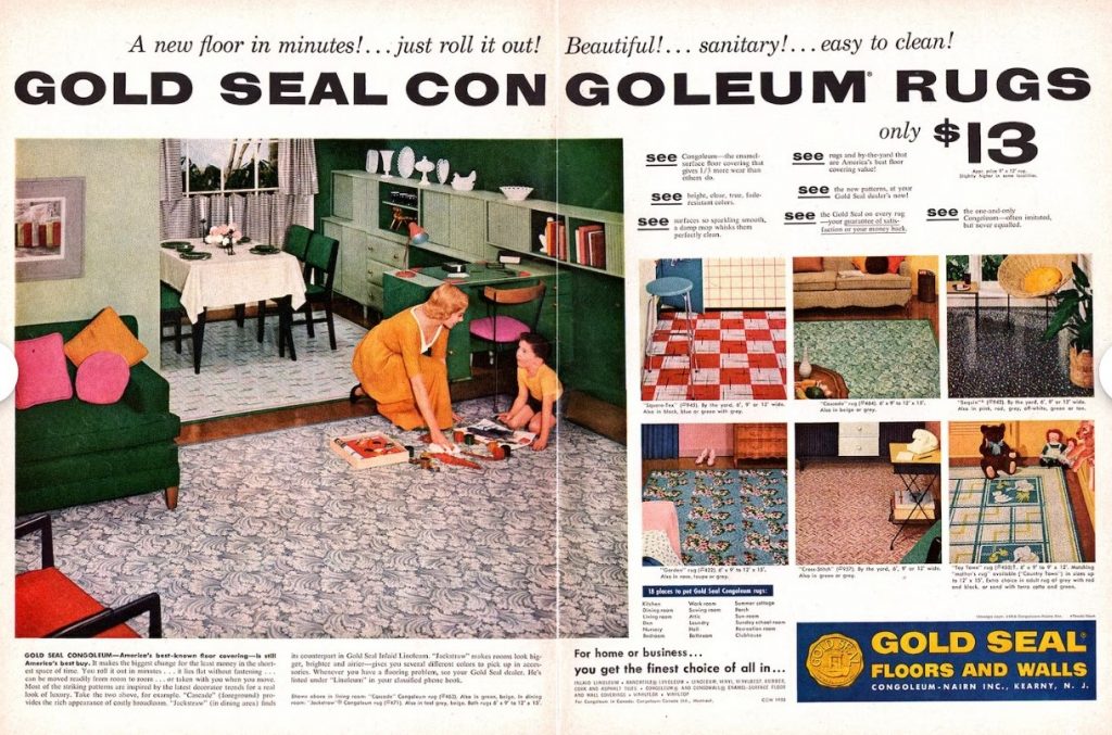 1950s vintage flooring advertisement for Gold Seal Congoleum Riugs 1955 featuring images of different rugs you could buy for your 1950s home. 