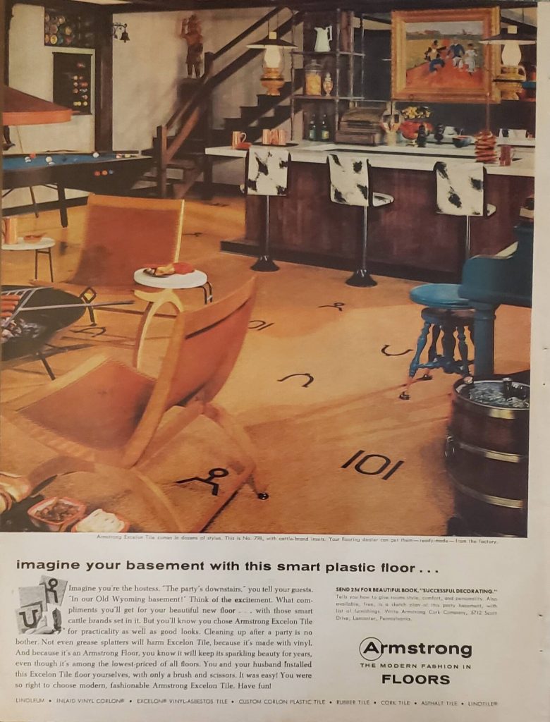 1950s vintage floor ad: You can never have enough game room floor and interior design ideas. This is from a 1957 Armstrong Plastic Flooring ad and features not only a cool floor, but a pool table, bar, piano AND an indoor firepit (to the far left). How awesome is this room?! 