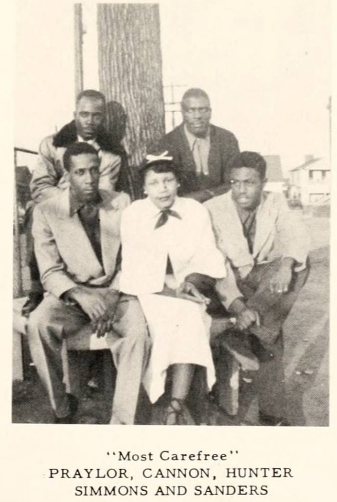 1950s vintage yearbook Superlative from Central Piedmont Community College, "The Buck [1950-1951]" Yearbook featuring the "Most Carefree" Students. The Image features 5 Black College students in early 1950s fashions. 