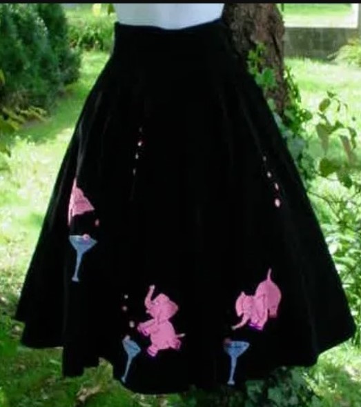 1950s Fashion: a 1950s Felt Circle skirt with pink elephants with martini glasses designed by poodle skirt creator Juli Lynne Charlot