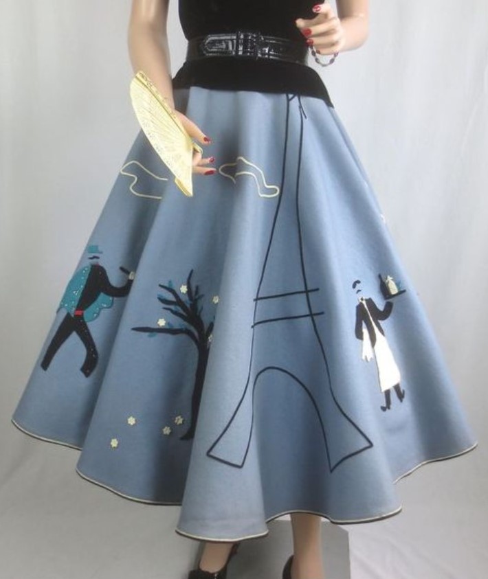 1950s Fashion: a 1950s Felt Circle skirt with a Paris scene designed by poodle skirt creator Juli Lynne Charlot