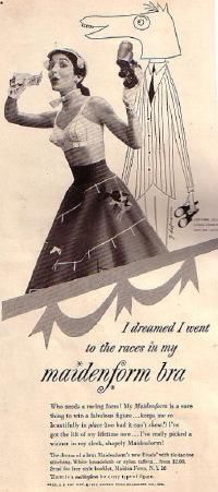 1950s vintage ad from 1952 for Maidenform bra's featuring a woman wearing a 1950s bra and a Juli Lynne Charlot Circle skirt. Juli was the creator of the poodle skirt. 