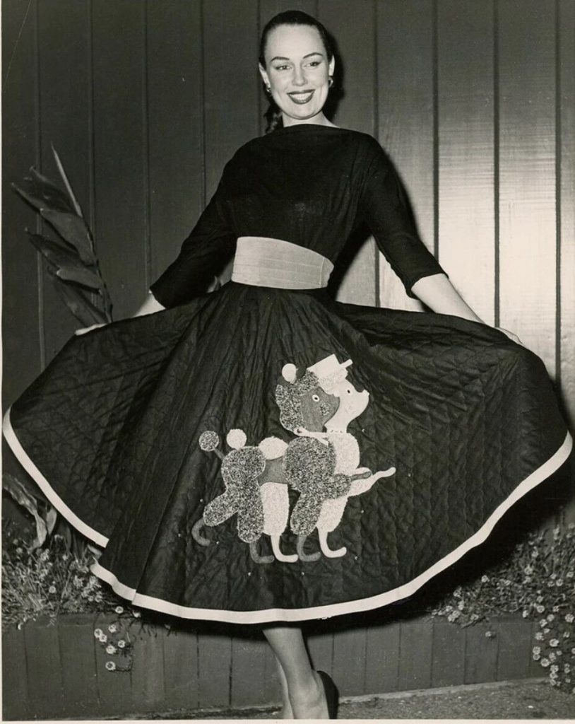 1950s Fashion / 1950s Vintage Photo of Juli Lynne Charlot the designer of the Poodle skirt wearing her design. 