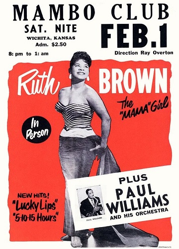 1950s vintage concert poster for Ruth Brown at the Mambo Feb 1st featuring Ruth in a stunning 1950s dress. 