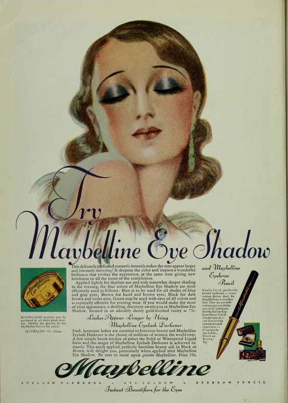 1920s makeup ad for Maybelline eyeshadow featuring an illustration of a 1920s woman with dark eyeshadow. Fantastic 1920s makeup ideas