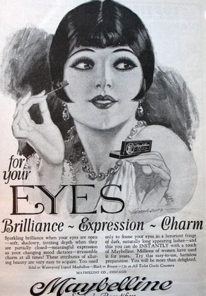 1920s vintage makeup advertisement for mascara from Maybelline featuring a 1920s flapper