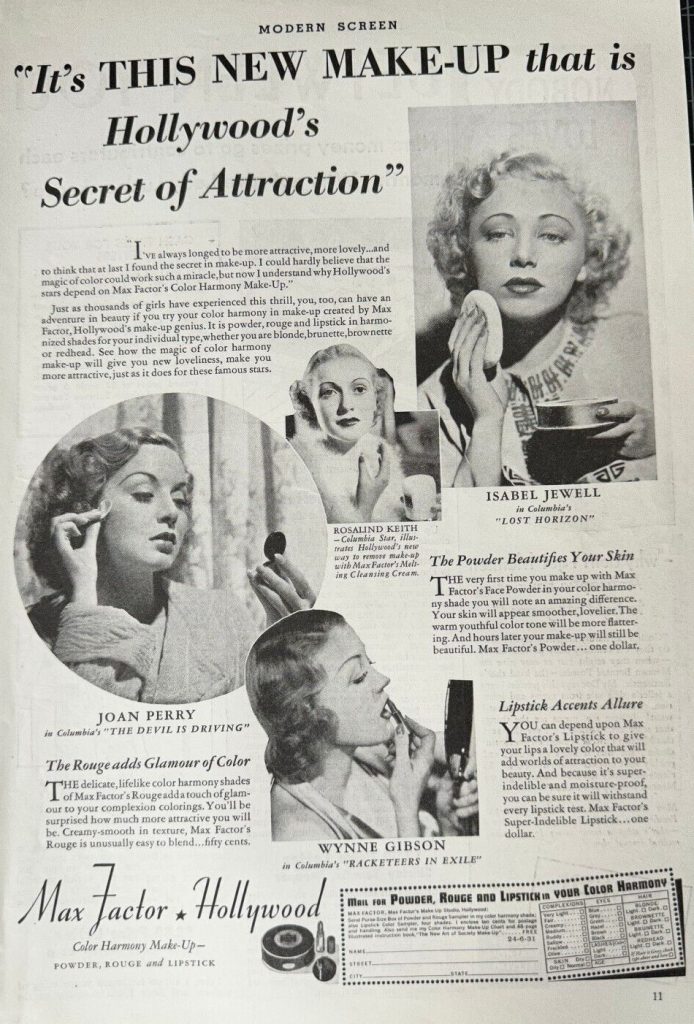 Vintage 1930s Max Factor Cosmetics Print Ad featuring classic Hollywood movie stars promoting their makeup.