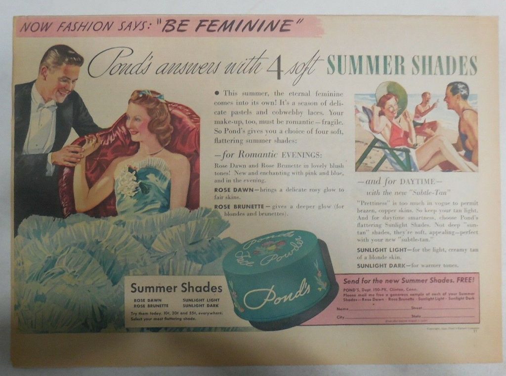 1930s vintage makeup ad: Pond's Ad: Four New Summer Shades of Pond's Powder ! from 1939 featuring a young woman in a late 1930s evening gown with a young man and then at the beach in a late 1930s bathingsuit. 