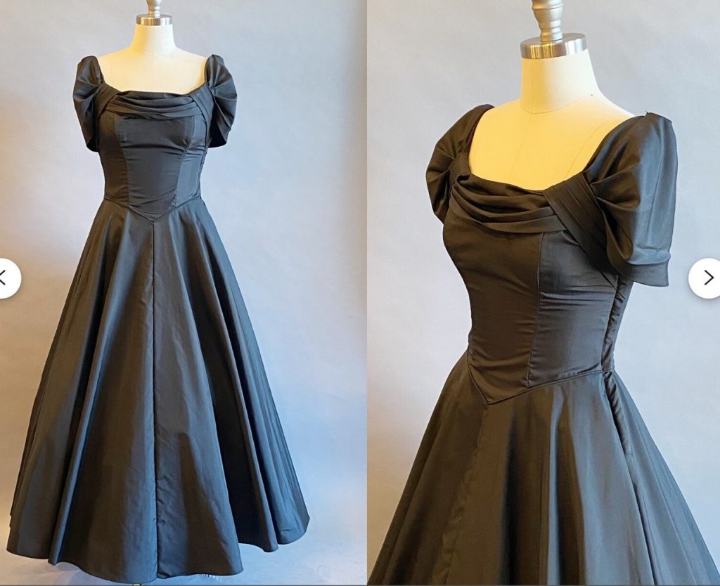 1940s Fashion: 1940s Fred Perlberg silk taffeta evening dress with cute sleeves. 