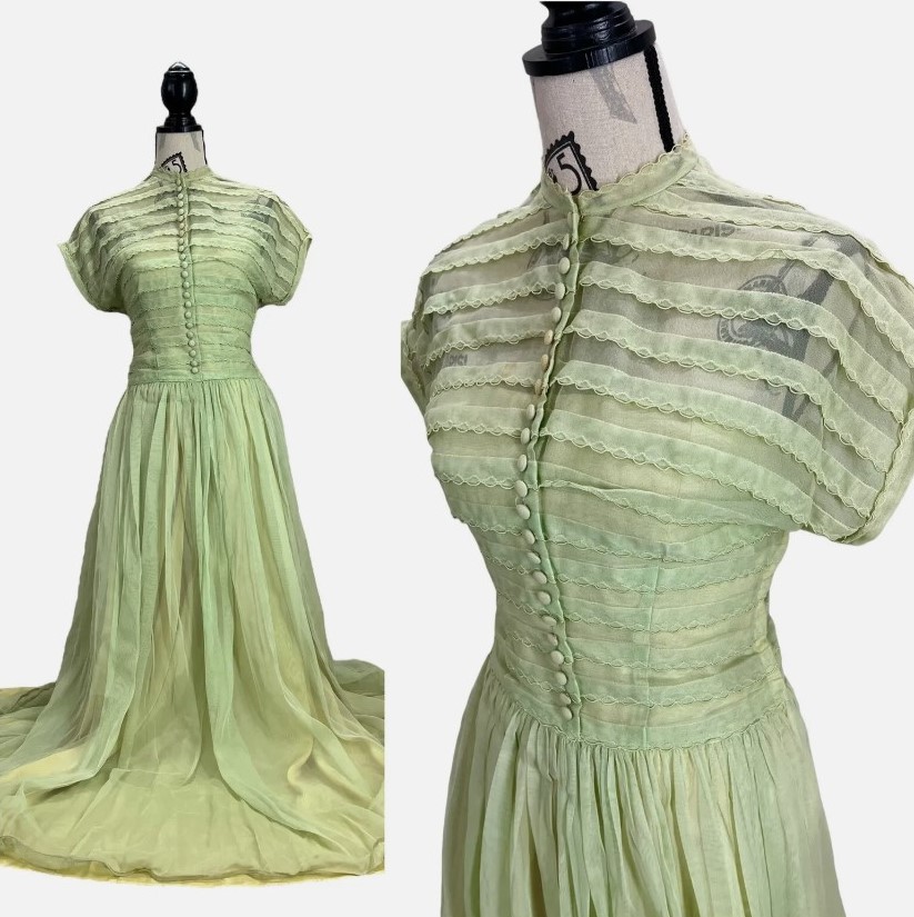 1940s Fashion (maybe 1950s?): 1940s lime green Fred Perlberg dress with beautiful buttons down the front and a sheer ribbon bust.