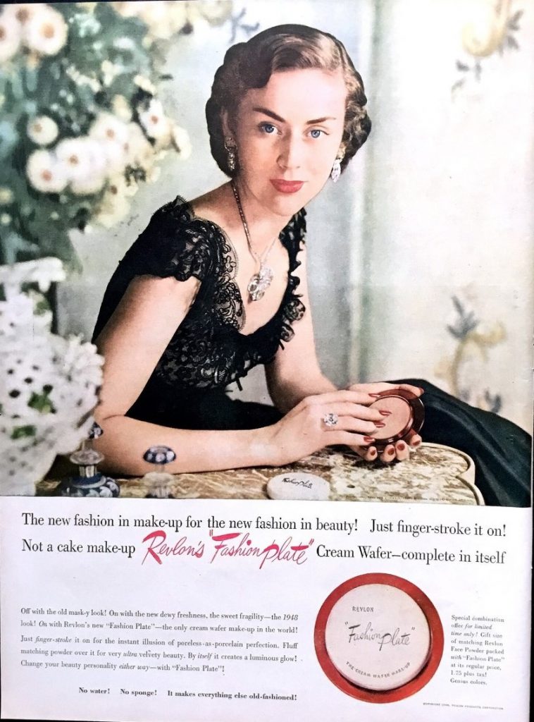 1948 Revlon Make-Up Vintage Ad for cream foundation you just use your fingers to apply. The image features a woman in late 1940s dress and hairstyle. Very much the "Dior New Look". 