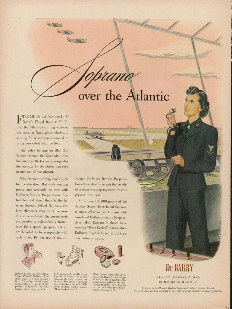 1940s vintage makeup advertisement / 1940s vintage ad featuring a woman during WW2 working as an Air Traffic Controller while wearing makeup by DuBarry.