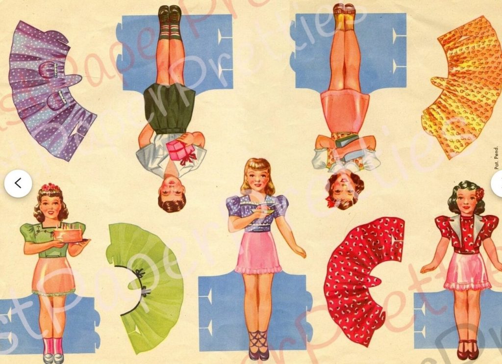 1944 Birthday Party Stand-Up Cut-Out Dolls for girls and boys. Cute 1940s fashions for kids