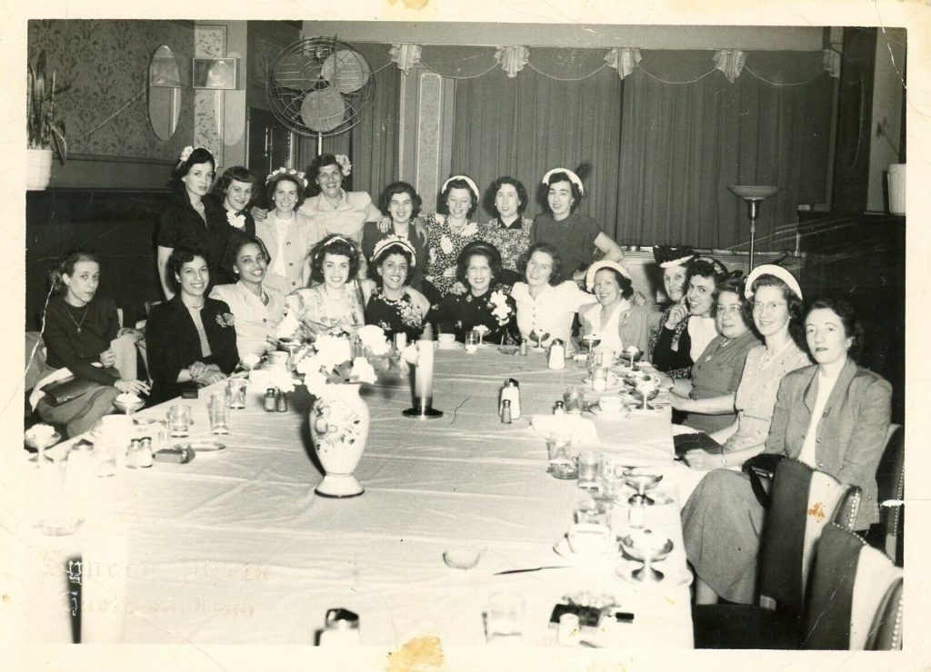 1940s vintage photo: May 12th, 1949 at DePasquale's Restaurant, Hartford, CT for Alice Wood's bridal shower. The image features stylish 1940s hats, 1940s hairstyles and 1940s dresses and 1940s hair flowers. LOVE! 