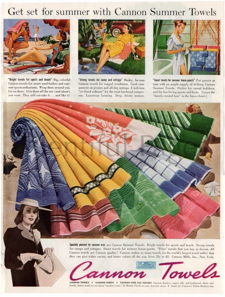 1940s vintage ad from 1940 for Cannon Towels featuring different women in 1940s fashions doing different things with their towels. Fun vintage ad for your bathroom decor. 