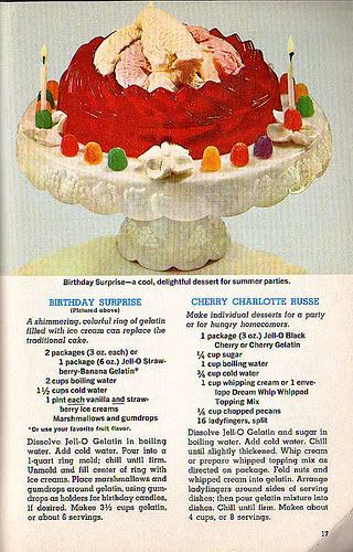 "Birthday Surprise" Jello Mold Birthday Cake! 1950s or 1960s. The ad even has the vintage recipe so you can make it yourself. 